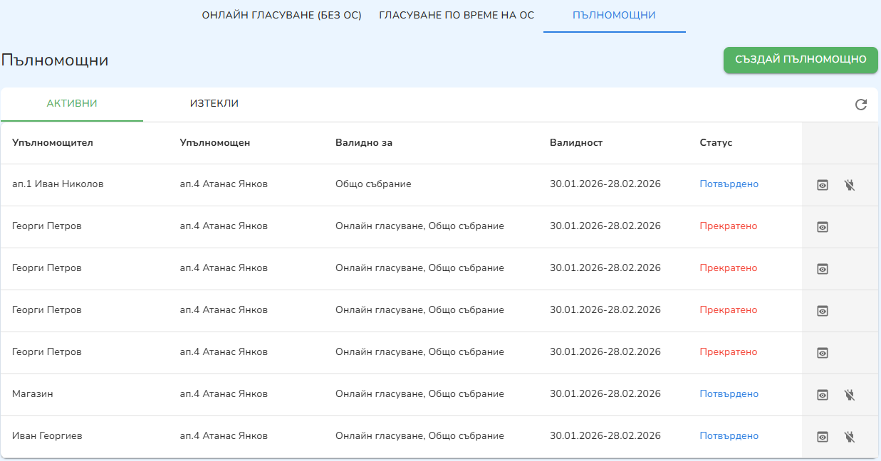 Списък с пълномощни — изглед за домоуправител